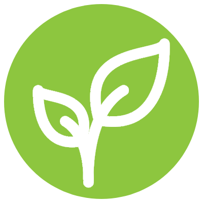 White leaf icon on green circle background, symbolizing nature or growth.