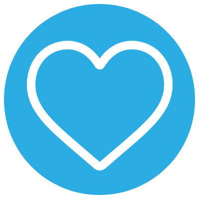 White heart icon on blue circle background.
