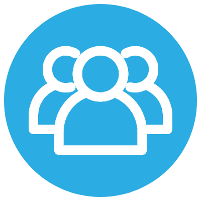 Three stylized white user icons on a blue circle background.