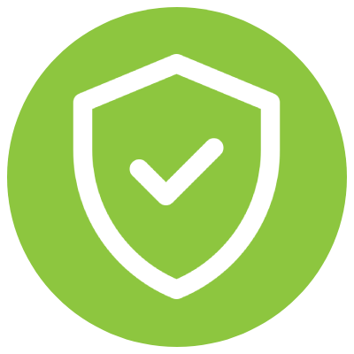 Green circle with white shield and checkmark symbol.
