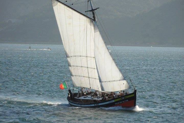 Sailboat with large, white sails on a sunny day, distant hills in background.