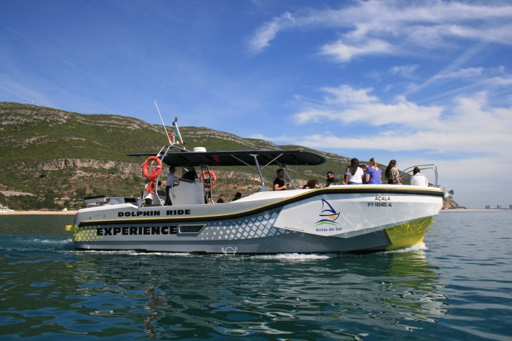 Tour boat with passengers on a calm sea under blue sky.