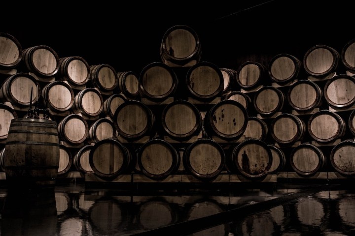 Dimly lit cellar with stacked wooden barrels and reflective floor.