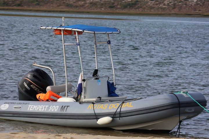Inflatable boat with engine and canopy docked at a shore.