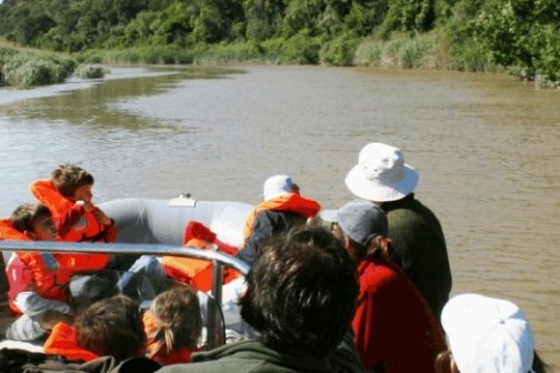 People in life vests on a boat ride through a river surrounded by greenery.
