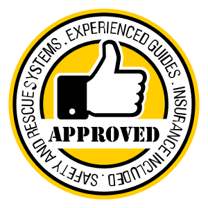 Circle with 'Approved' and thumbs-up logo, surrounded by text about guides, insurance, and safety.