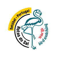 Flamingo illustration with text: Setúbal, Portugal, Rotas do Sal, Wild Life Bird Watching.