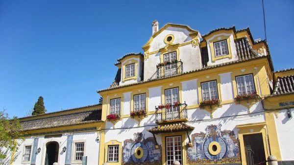 Colonial-style building with yellow trim and tiled artwork on facade under a clear blue sky.